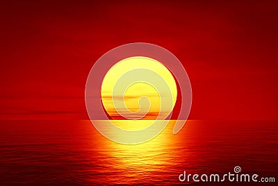 Red sunset over the ocean Cartoon Illustration