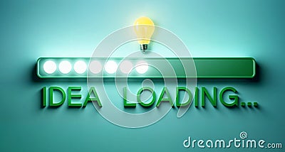 3d render illustrtion of lightbulb hovers over the word text IDEA LOADING on a loading half full progress bar Cartoon Illustration