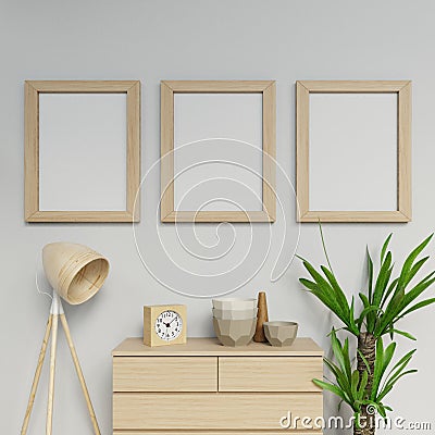 3d illustration render of scandinavian house interior three a2 size poster ready to use mock up with wooden frame hanging vertical Cartoon Illustration