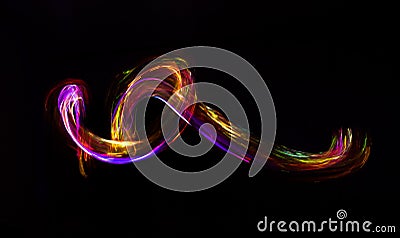 3D illustration or 3D rendering. Abstract rounded shape on black background. Glitter effect Light painting multicolor, Copy space Cartoon Illustration