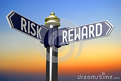 Risk, reward - choice concept - signpost with two arrows Cartoon Illustration