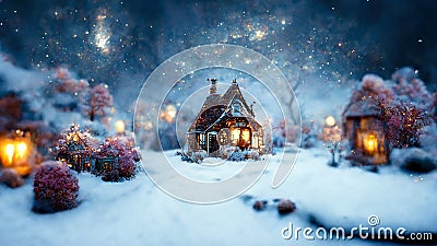3D illustration rendering of an Enchanted Forest with Santa's house beautifully decorated for Christmas Cartoon Illustration