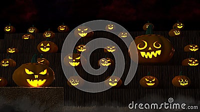 3D illustration, 3D rendering, The head of a scary demon pumpkin on the floor and wooden wall Cartoon Illustration