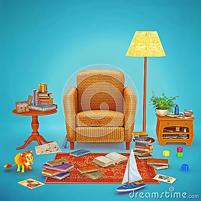 3D illustration rendering living room design Cartoon Illustration