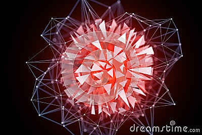 3D Illustration Rendering. Red glowing Sphere orb with shattered glass rising behing a white 3D grid. Abstract creative tech desig Stock Photo