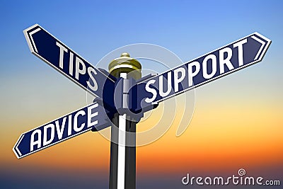 Advice, tips, support - signpost with three arrows, sunset sky Cartoon Illustration