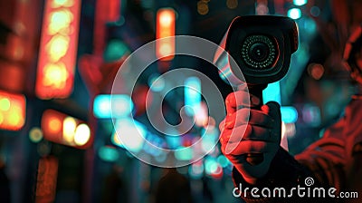 3D illustration of reporter holding a security camera, night, direct view, crime prevention focus , up32K HD Cartoon Illustration