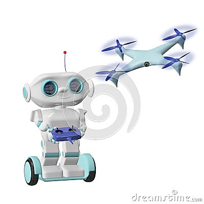 3D Illustration Robot with Quadrocopter Stock Photo