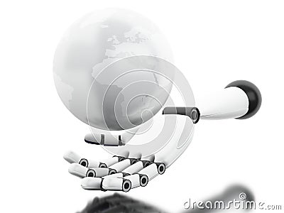 3d illustration. Robotic hand showing globe Cartoon Illustration