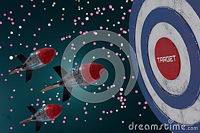 3d illustration. Rocket engine to big target. Business Concept Star up , SUCCESS , Content Marketing Cartoon Illustration