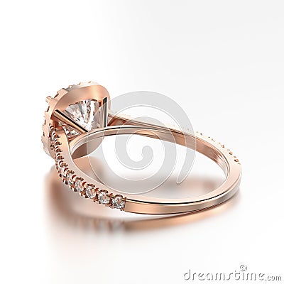 3D illustration rose gold ring with diamonds back view with reflection Cartoon Illustration