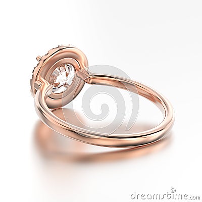 3D illustration rose gold ring with diamonds back view with reflection Cartoon Illustration