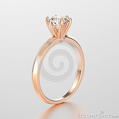 3D illustration rose gold traditional solitaire engagement diamond ring with reflection Cartoon Illustration