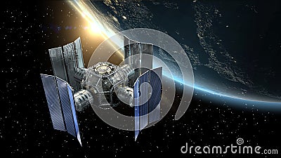 3D Illustration of a satellite or spacelab surveying Earth. Stock Photo