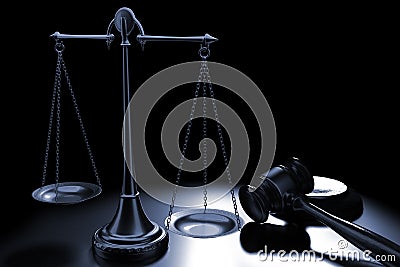 3d illustration scales and judges gavel close Cartoon Illustration