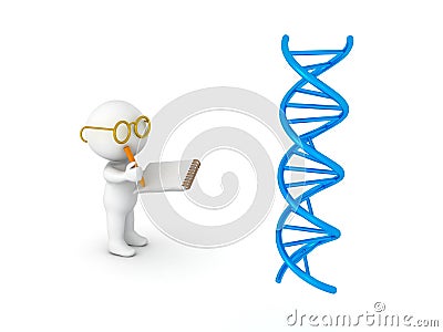 3D illustration of scientist taking notes from DNA double helix Cartoon Illustration
