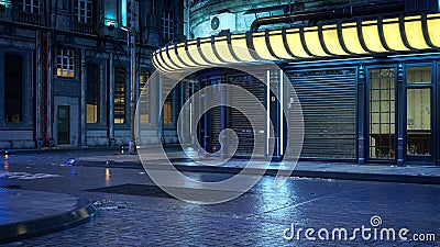 3D rendering of a seedy urban city street at night in a futuristic cyberpunk city Cartoon Illustration