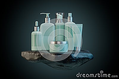 3d illustration of set of diverse cosmetic containers in white color standing on black rock pedestal over dark Cartoon Illustration