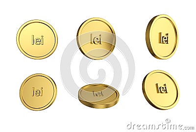 3d illustration Set of gold Romanian leu coin in different angels on white background Cartoon Illustration