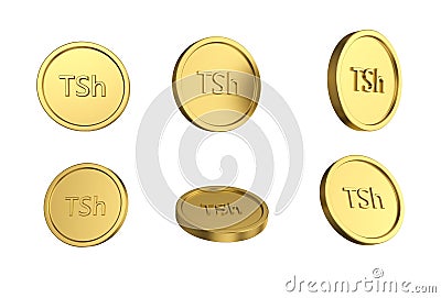 3d illustration Set of gold Tanzanian shilling coin in different angels on white background Cartoon Illustration