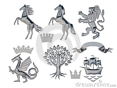 3D illustration set of silver heraldic symbols. Lion, horse, tree, ribbon, crown, ship, dragon Cartoon Illustration