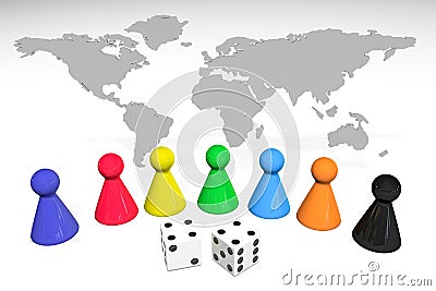 3d illustration: Seven colored plastic board game pieces with reflection and two dice with black dots on world map isolated on whi Cartoon Illustration