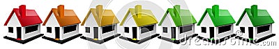 Energy Efficiency Rating - Seven model houses with multi coloured roofs Cartoon Illustration