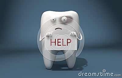 3d illustration. Sick tooth holding a sign saying `help` Cartoon Illustration