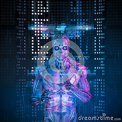 Data interface cyborg Cartoon Illustration