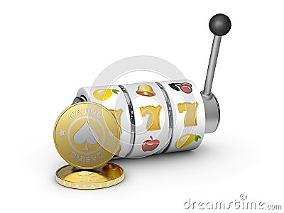 3d Illustration of Slot machine with lucky sevens jackpot and coins Stock Photo