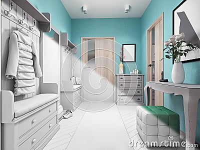 3d illustration of small apartments in pastel colors. Interor design hall in modern style Cartoon Illustration