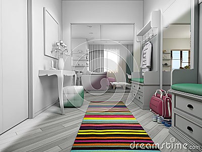 3d illustration of small apartments in pastel colors. Interor design living room and hall in modern style Cartoon Illustration