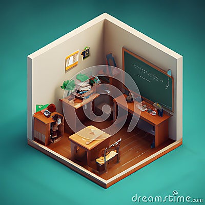 3d illustration of a small classroom for one student Cartoon Illustration