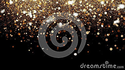 3d Illustration, Small gold dust, graphics of fire flakes, particle points and yellow-orange circles at the top of the frame Stock Photo