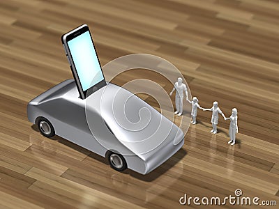 3D illustration of a smart phone integrated with a car. Cartoon Illustration