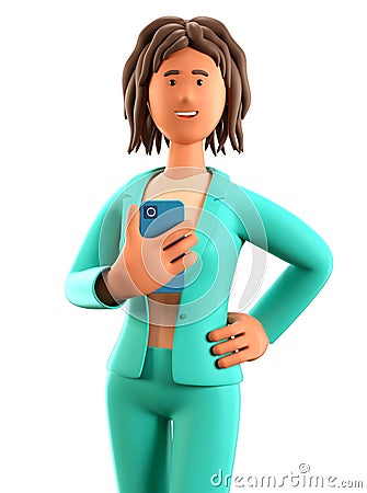3D illustration of smiling african american woman holding a smartphone. Close up portrait of cartoon businesswoman using phone Cartoon Illustration