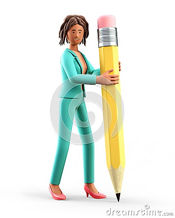 3D illustration of smiling african american woman writing with a big pencil. Cute cartoon elegant businesswoman drawing. Cartoon Illustration