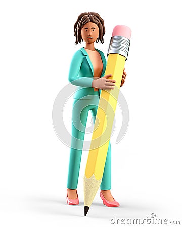 3D illustration of smiling african american woman writing with a big pencil. Cartoon Illustration