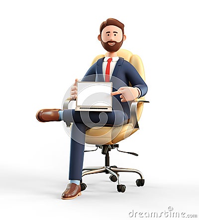 3D illustration of smiling businessman pointing finger at blank screen laptop computer. Cartoon man working in office Cartoon Illustration