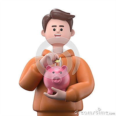 3D Illustration of smiling businessman Qadir putting coin into huge and oversized pink piggybank. Stock Photo