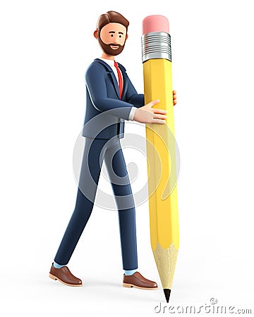 3D illustration of smiling creative man writing with a big pencil. Cute cartoon bearded businessman drawing with a giant pen. Cartoon Illustration