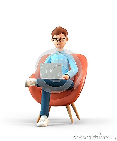 3D illustration of smiling happy man with laptop sitting in armchair. Cartoon businessman working in office Cartoon Illustration