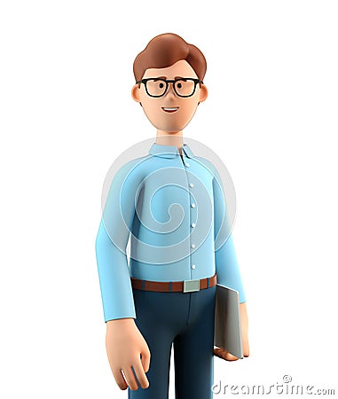3D illustration of smiling happy man with tablet. Cartoon close up portrait of standing businessman, isolated on white Cartoon Illustration