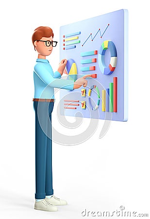 3D illustration of smiling man creating a dashboard and interacting with graphs. Businessman, successful investor with charts Cartoon Illustration