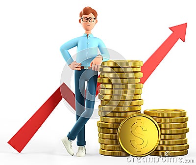 3D illustration of smiling man leaning on a huge stack of gold coins and rising arrow chart. Cartoon standing businessman Cartoon Illustration