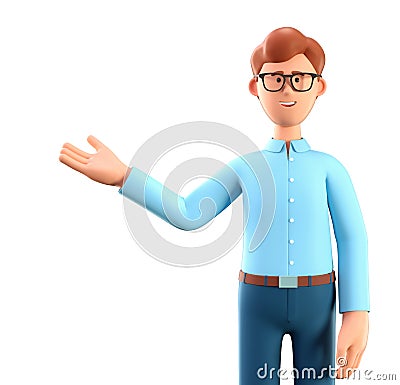 3D illustration of smiling man showing hand at direction. Close up portrait of cartoon businessman, isolated on white background Cartoon Illustration