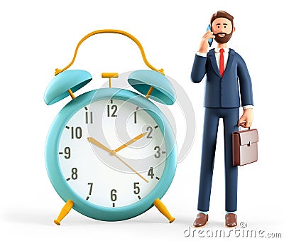 3D illustration of smiling man talking on the phone and standing next to a huge vintage alarm clock. Businessman with briefcase Cartoon Illustration