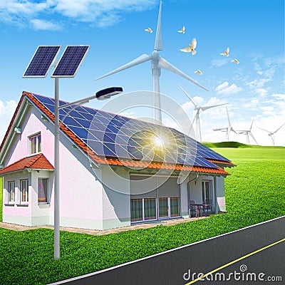 3 d illustration of solar panels and wind turbines Vector Illustration