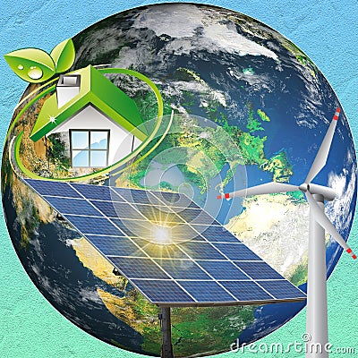 3 d illustration of solar panels and wind turbines Vector Illustration