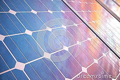 3D illustration solar power generation technology. Alternative energy. Solar battery panel modules with scenic sunset Cartoon Illustration